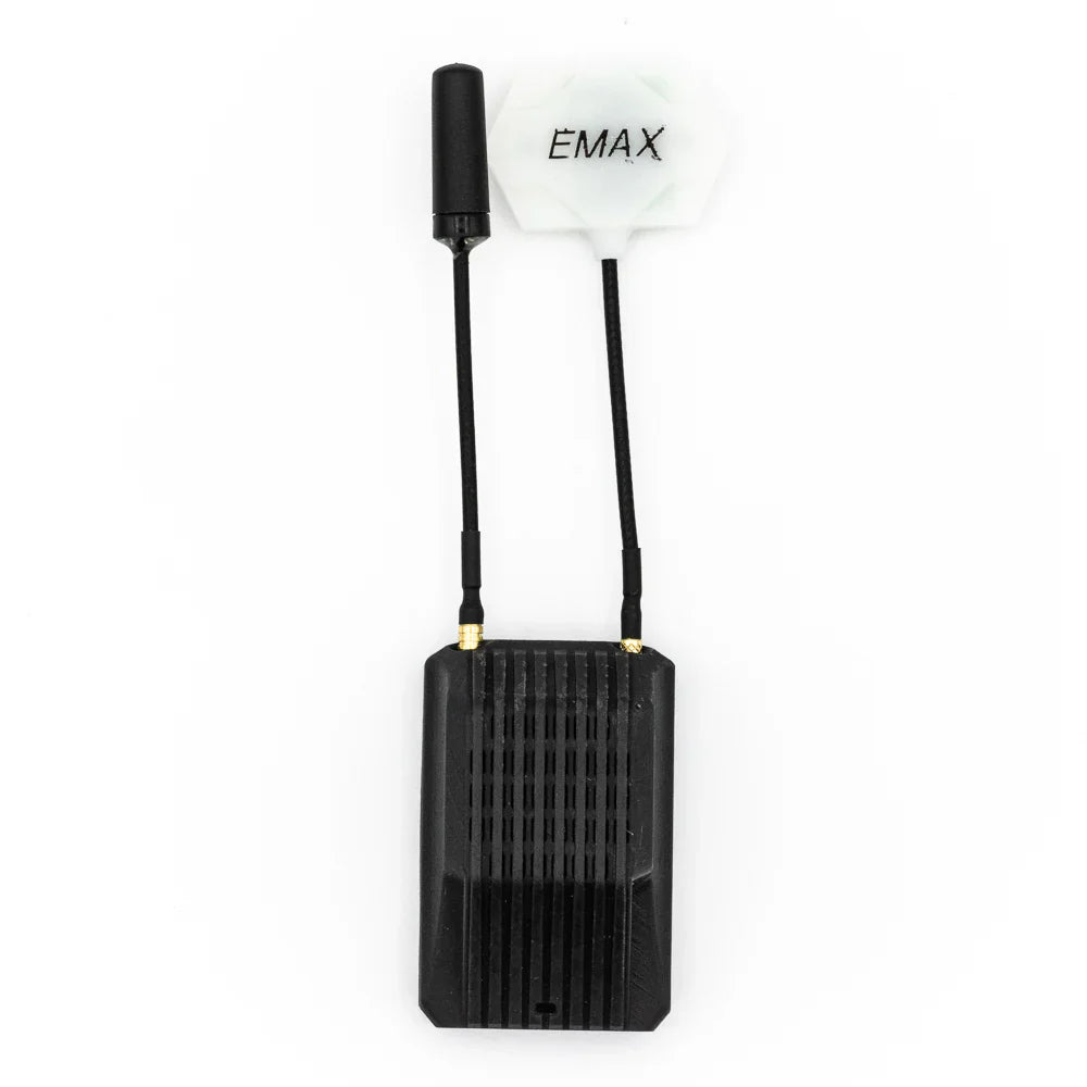 EMAX Wyvern Link OpenIPC FPV VRX receiver with dual antennas, top view on white background