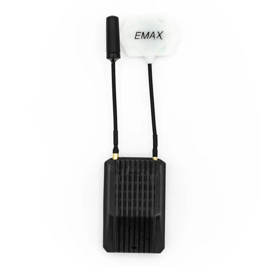 EMAX Wyvern Link OpenIPC FPV VRX receiver with dual antennas, top view on white background