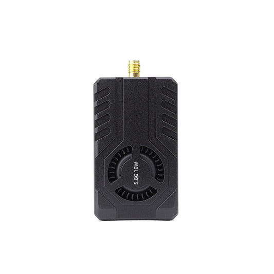 4.9-6.0GHz 10W FPV video transmitter (VTX), top view with SMA antenna connector and cooling fan