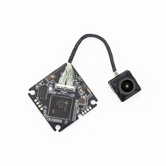 EMAX OpenIPC Wyvern Link Alpha 200mW VTX board with wired FPV camera module on white