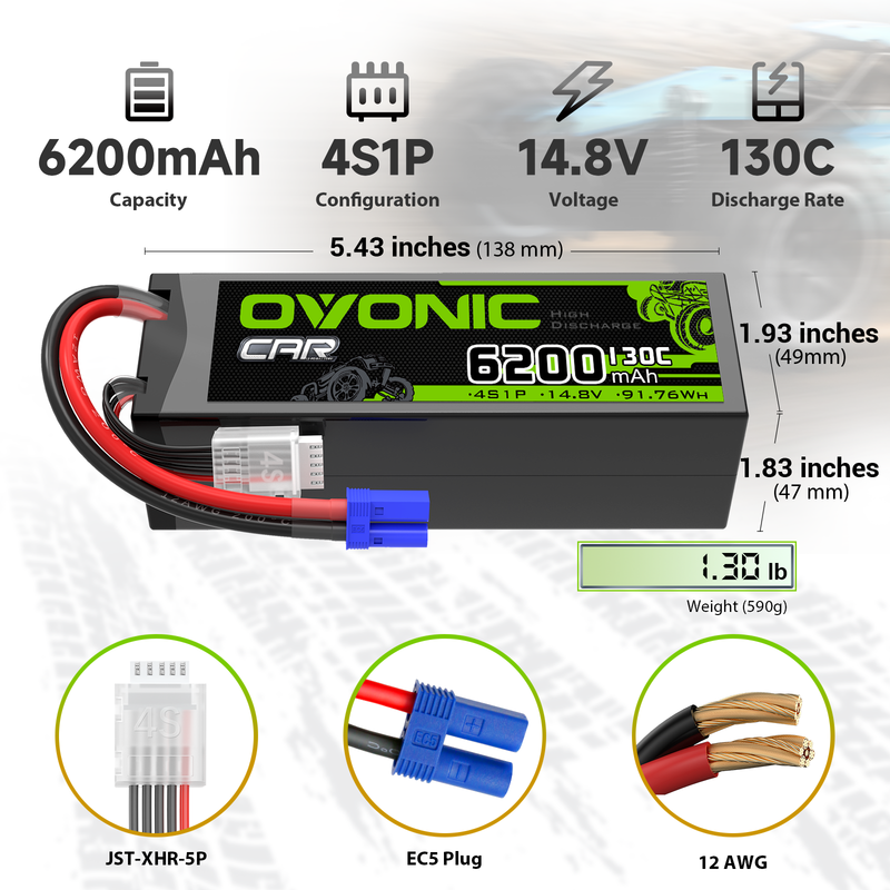 OVONIC 4S1P 6200mAh 14.8V 130C hardcase LiPo battery dimensions, weight, EC5 plug and JST-XHR-5P
