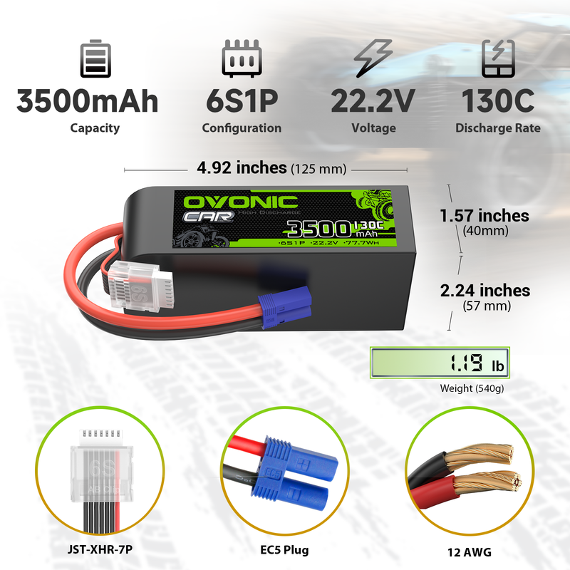 OVONIC 6S 22.2V 3500mAh 130C LiPo battery size and plug diagram, 4.92 x 2.24 x 1.57 in