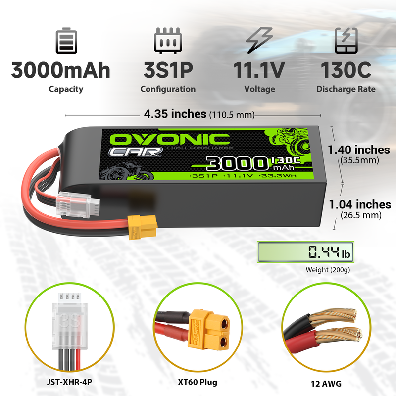 OVONIC 3S 3000mAh 11.1V 130C LiPo battery size chart with XT60 plug, JST-XHR balance lead, 12AWG wire