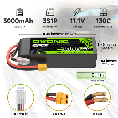OVONIC 3S 3000mAh 11.1V 130C LiPo battery size chart with XT60 plug, JST-XHR balance lead, 12AWG wire