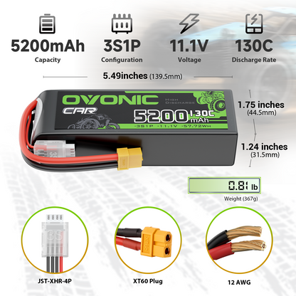 Ovonic 3S1P 5200mAh 11.1V LiPo battery specs with dimensions, weight, XT60 plug and JST-XHR-4P
