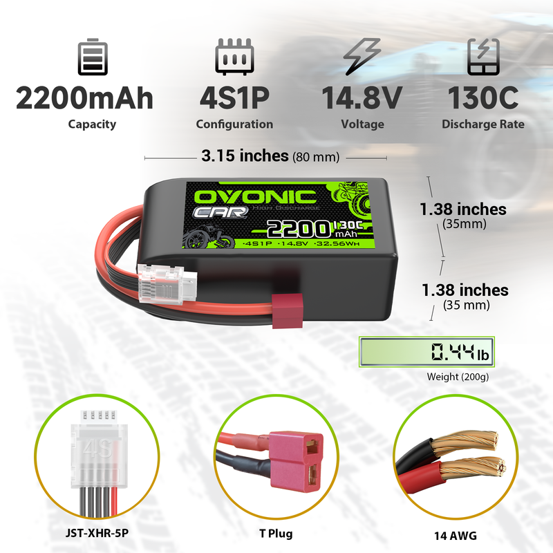 OVONIC 4S 2200mAh 14.8V 130C short LiPo battery dimensions 3.15 x 1.38 in and 200g weight, T plug