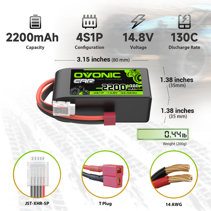 OVONIC 4S 2200mAh 14.8V 130C short LiPo battery dimensions 3.15 x 1.38 in and 200g weight, T plug