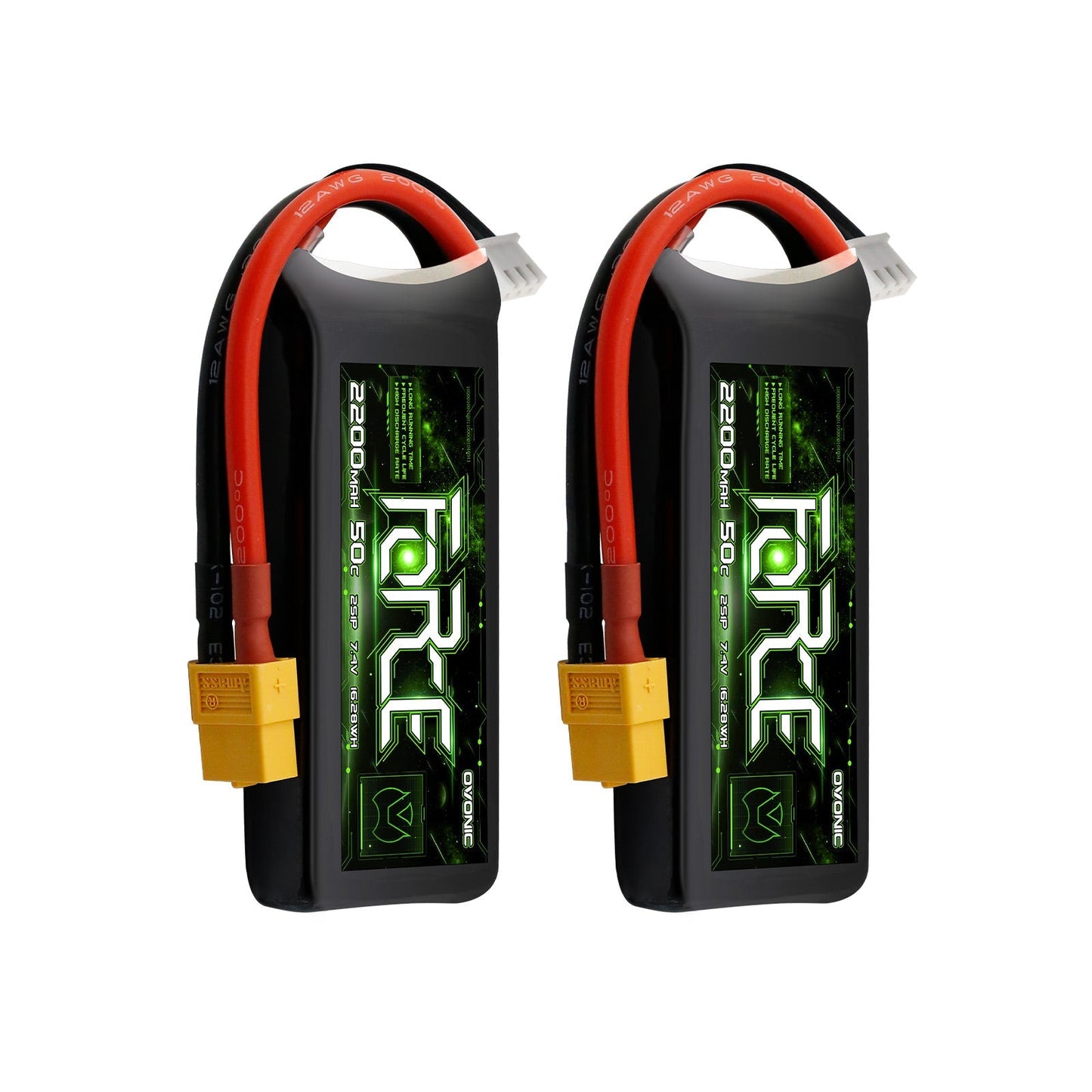 Pair of Ovonic Force 2S 2200mAh 50C LiPo batteries with XT60 connectors and balance leads