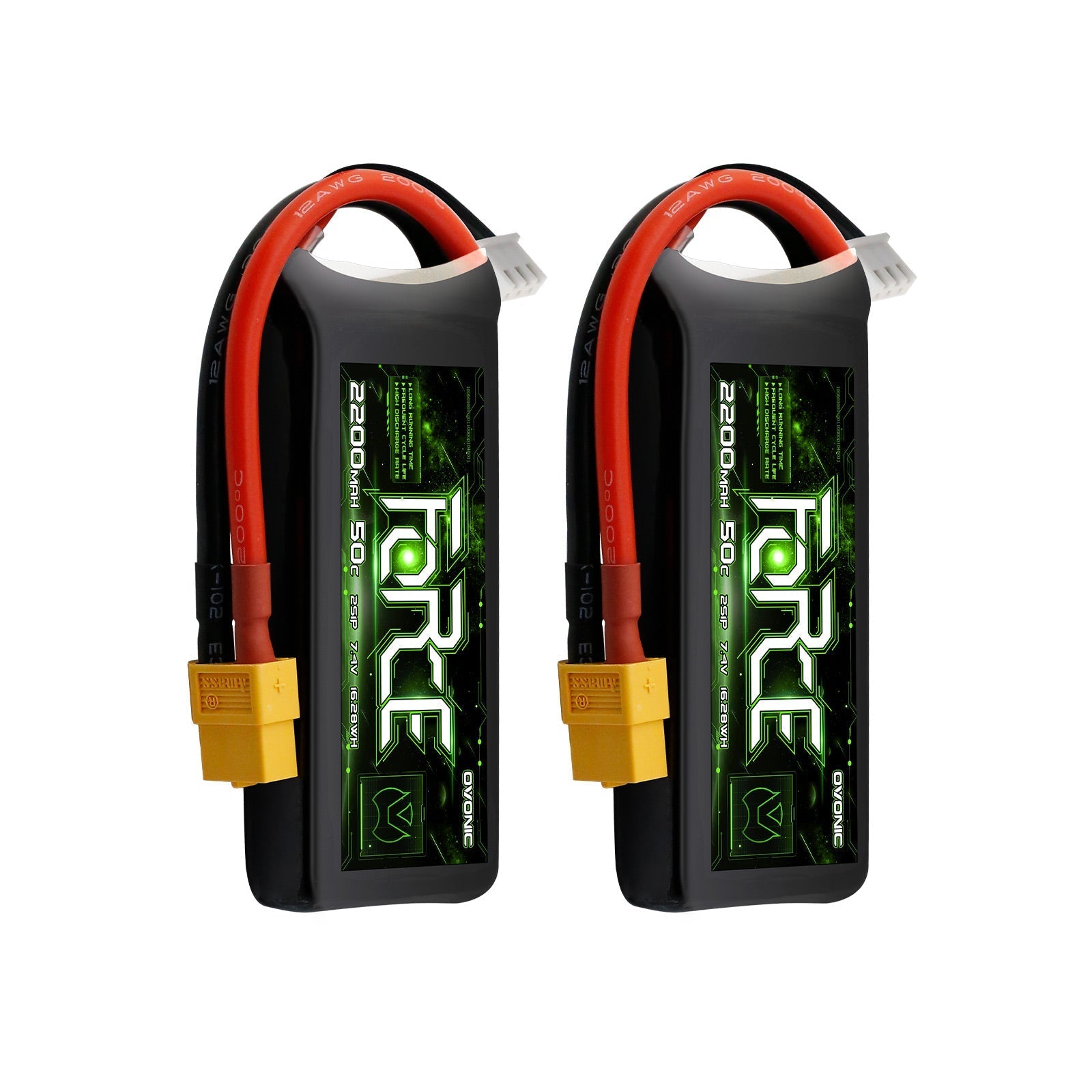Pair of Ovonic Force 2S 2200mAh 50C LiPo batteries with XT60 connectors and balance leads