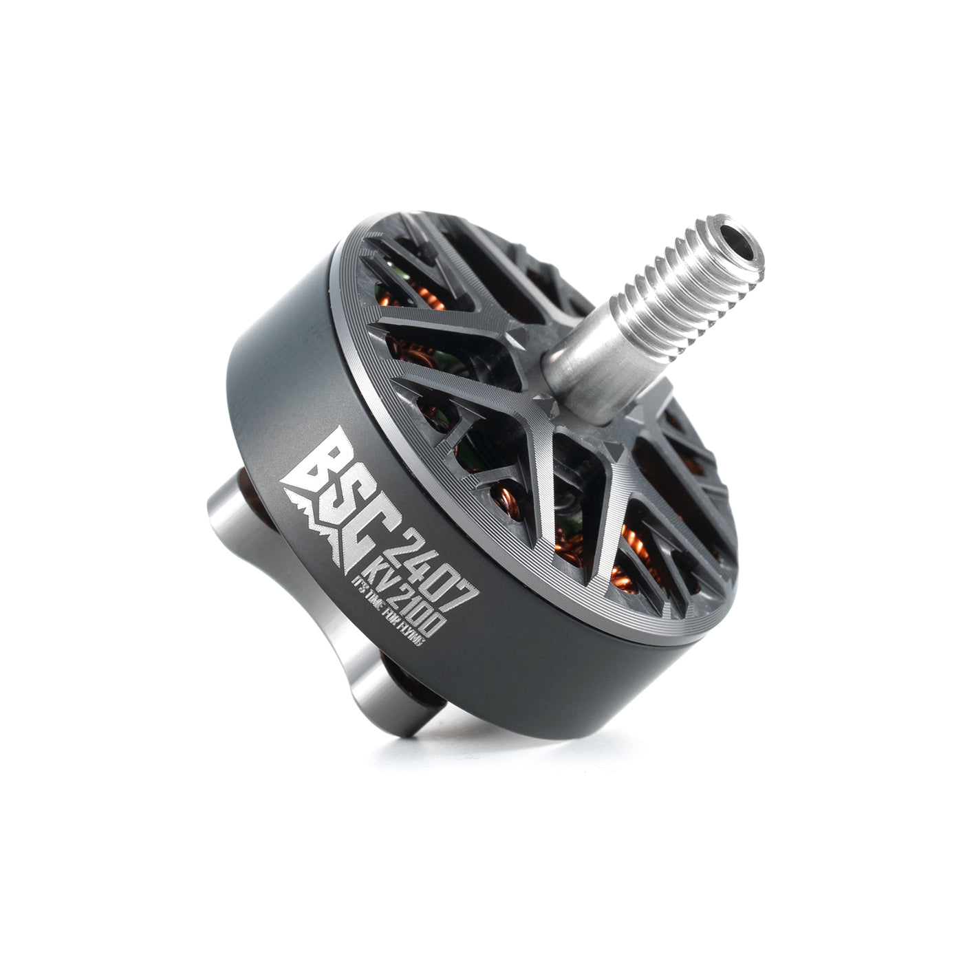 MAD BSC 2407 FPV Drone Motor, MAD BSC 2407 brushless FPV drone motor with threaded shaft, black housing, labeled BSC2407 KV2100