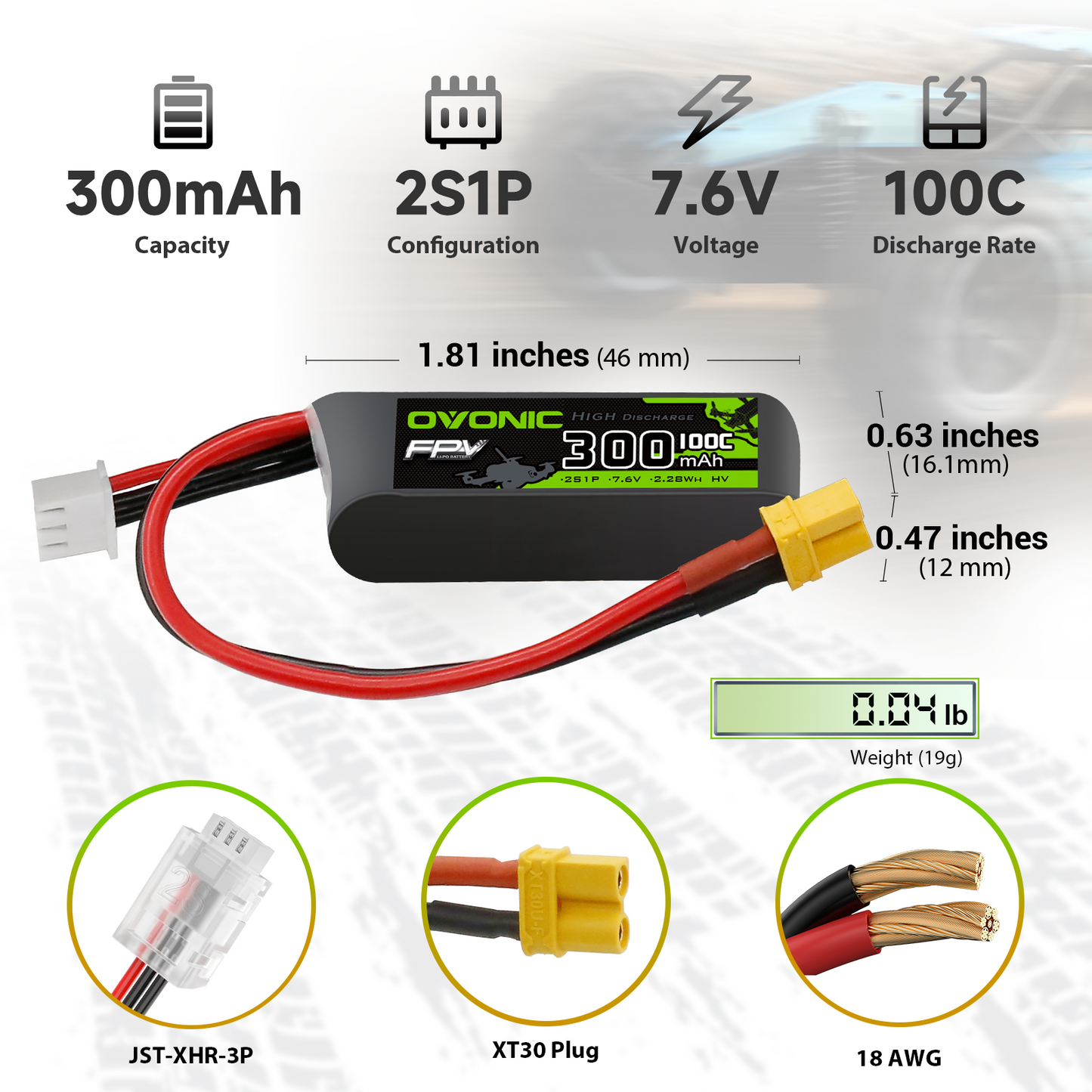 OVONIC 2S 300mAh LiHV battery specs: 7.6V 100C, 46mm length, XT30 plug, 18AWG wire