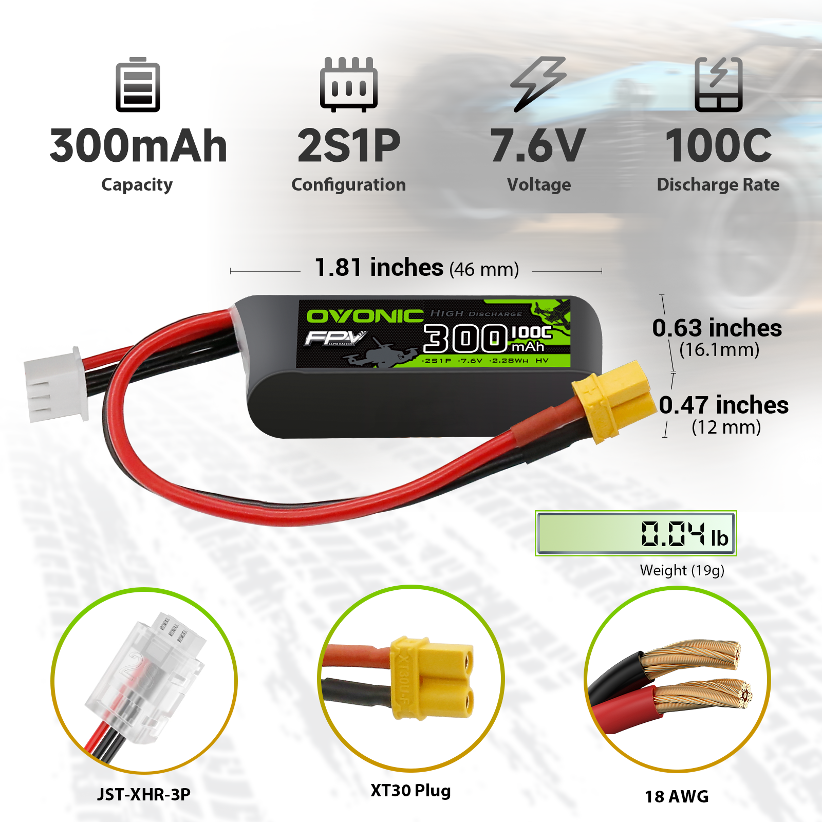 OVONIC 2S 300mAh LiHV battery specs: 7.6V 100C, 46mm length, XT30 plug, 18AWG wire