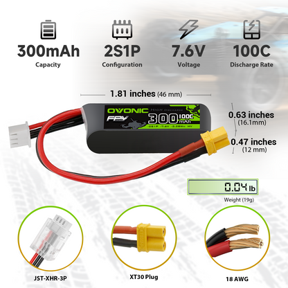 OVONIC 2S 300mAh LiHV battery specs: 7.6V 100C, 46mm length, XT30 plug, 18AWG wire