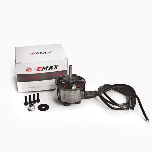 EMAX ECOII-4720 brushless motor kit with EMAX box, motor, mounting screws, washer, and long wire leads