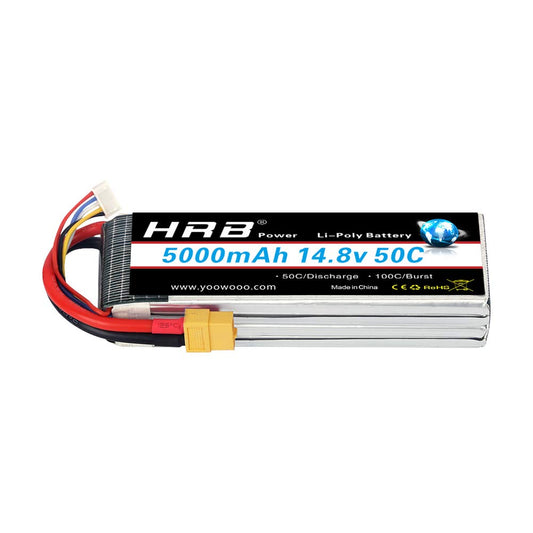 HRB 4S 14.8V 5000mAh 50C LiPo Battery pack with label and yellow power connector lead