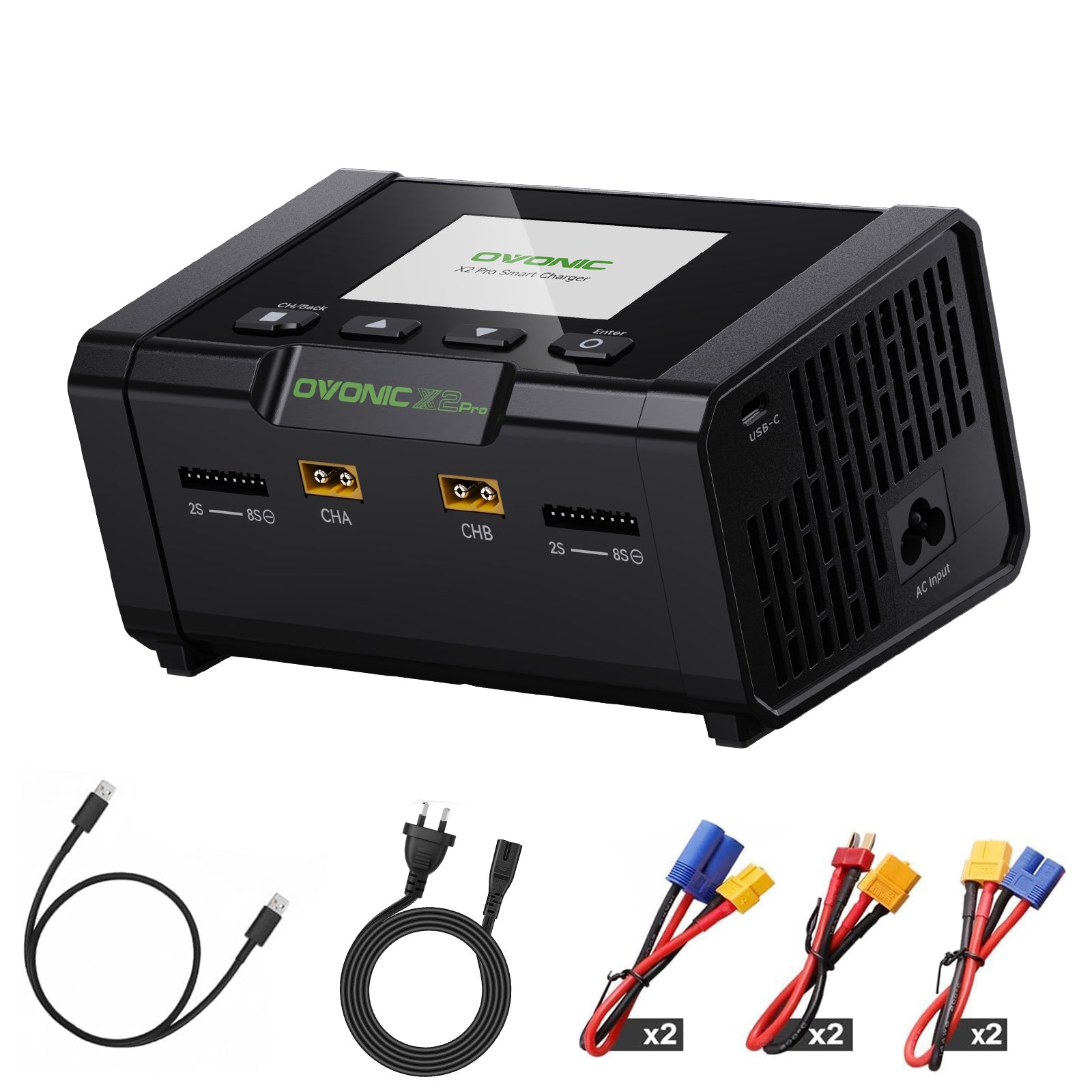 OVONIC X2 Pro dual-channel smart LiPo balance charger with display, ports, cables, and adapters