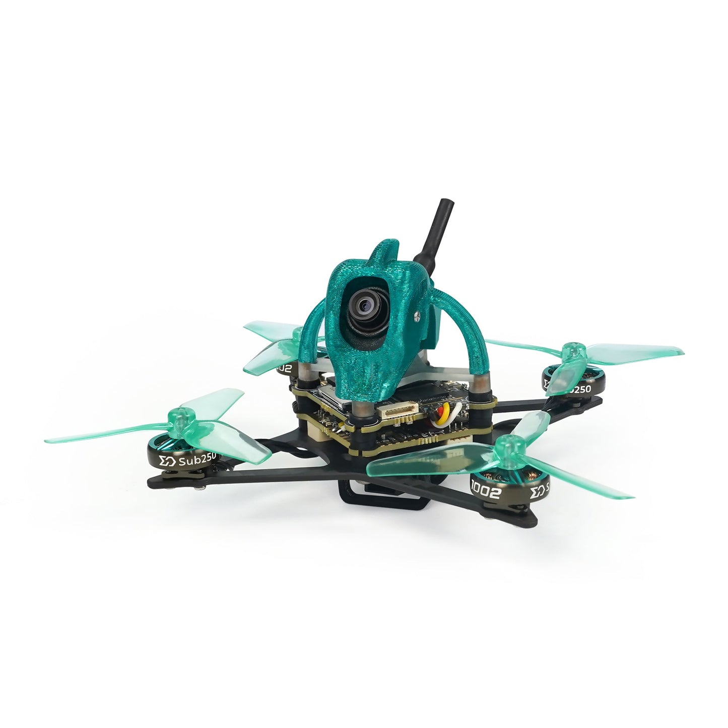 Sub250 Nanofly20 2-inch HDZero micro drone, front-left angle with teal canopy and four-blade props
