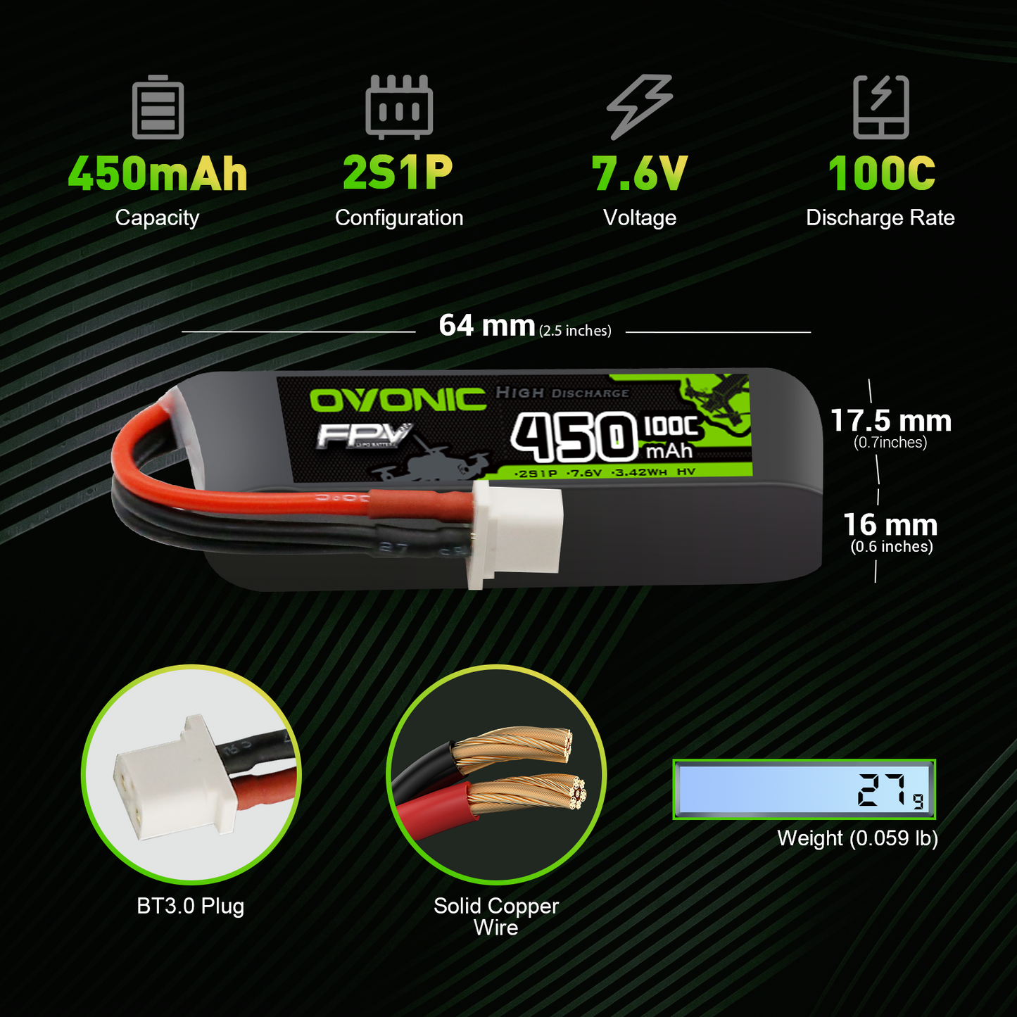 OVONIC 450mAh 2S1P 7.6V LiHV LiPo battery size diagram with dimensions, weight, and BT3.0 plug