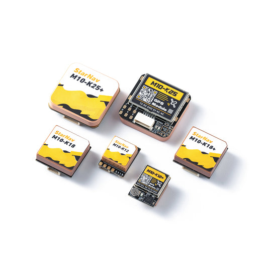 MAD StarNav M10 GPS module with ceramic patch antenna and compact breakout board, shown in multiple variants