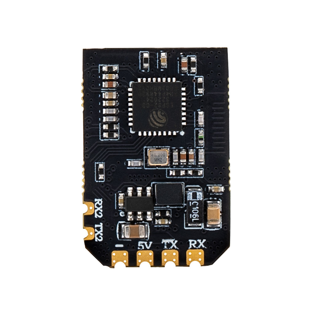 Rear PCB close-up showing RF chipset area and 5V/TX/RX pad row on the bottom edge