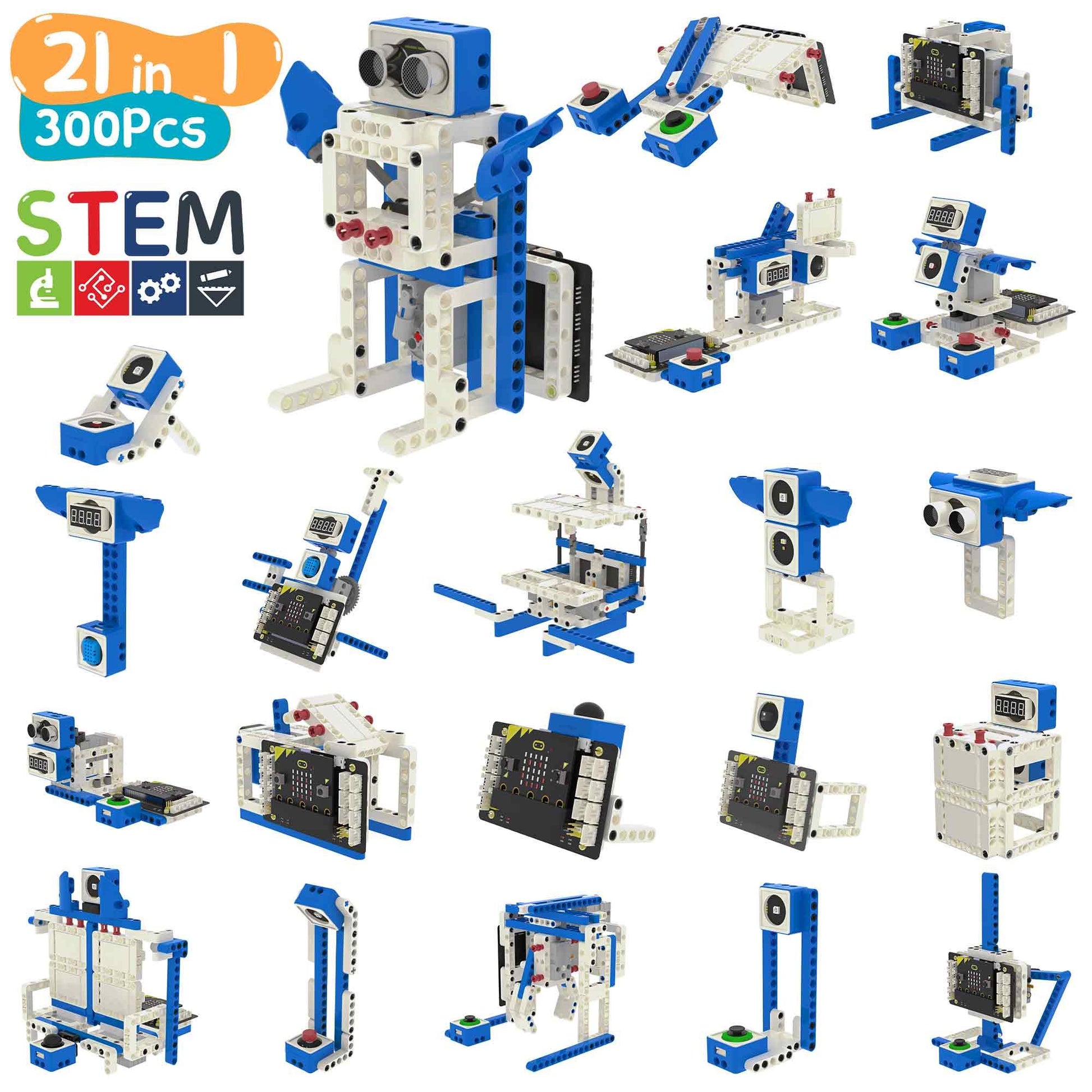 Yahboom micro:bit sensor kit build examples with robot and STEM module models (World of Module set)