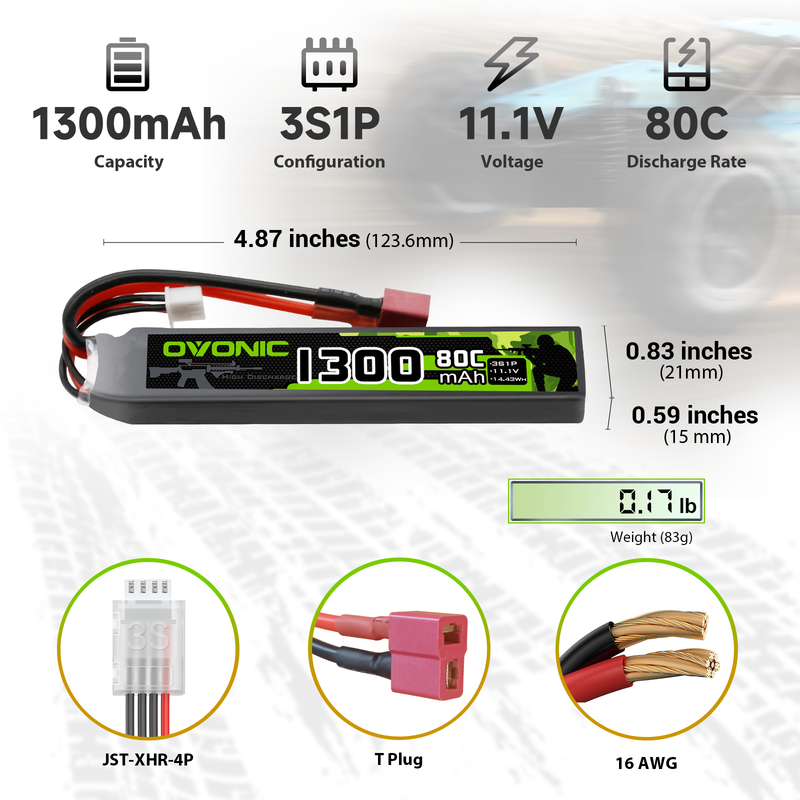 OVONIC 1300mAh 3S 11.1V 80C LiPo battery dimensions, weight, and connectors (T plug, JST-XHR-4P, 16AWG)