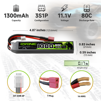 OVONIC 1300mAh 3S 11.1V 80C LiPo battery dimensions, weight, and connectors (T plug, JST-XHR-4P, 16AWG)