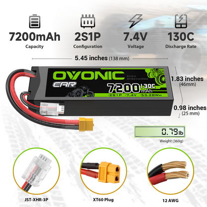OVONIC 2S 7200mAh 7.4V 130C hardcase LiPo battery size chart with XT60 plug, JST-XHR-3P balance lead