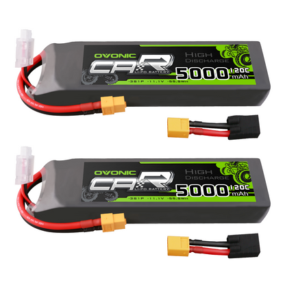 2-Pack Ovonic 3S 5000mAh 11.1V 120C LiPo batteries with XT60 connectors, plus adapter lead