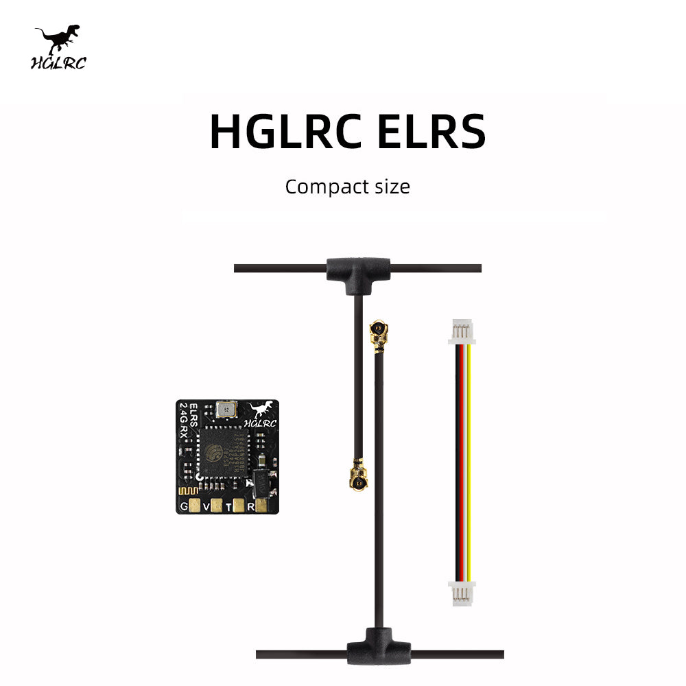HGLRC ELRS receiver compact size graphic showing PCB, antenna and wiring lead on white background