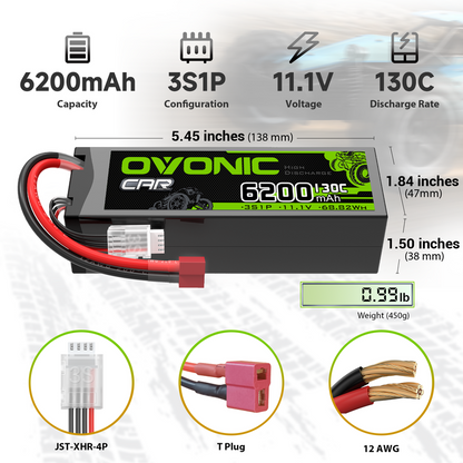 OVONIC 3S 6200mAh 11.1V 130C hardcase LiPo battery dimensions, Deans T plug and JST-XHR balance lead
