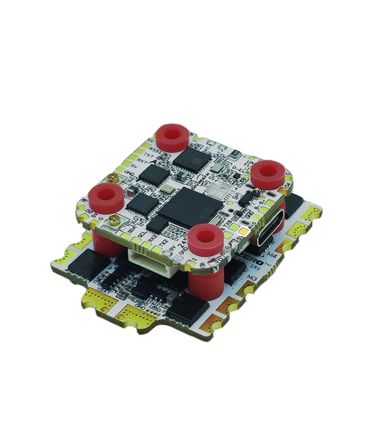 HDZero Halo H7 Flight Controller stack assembled with red silicone grommets, angled view