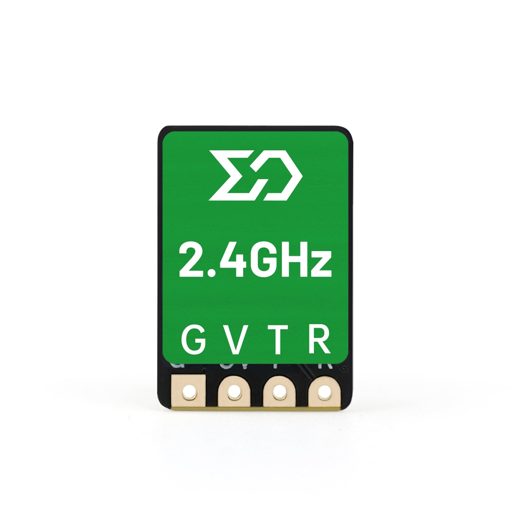 Front view of green 2.4GHz receiver board with G V T R solder pads along bottom edge