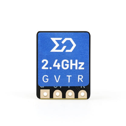 Front-facing view of nano receiver with 2.4GHz label and four solder pads labeled G V T R