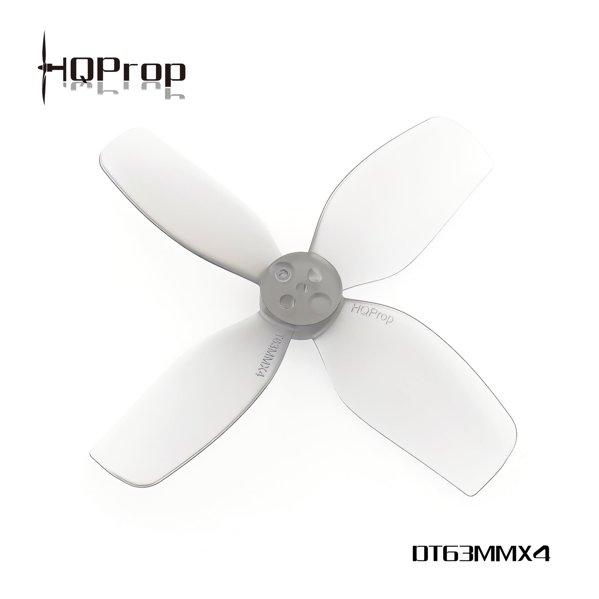 HQProp DT63MMX4 light grey 4-blade propeller on white background with printed model marking