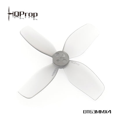 HQProp DT63MMX4 light grey 4-blade propeller on white background with printed model marking