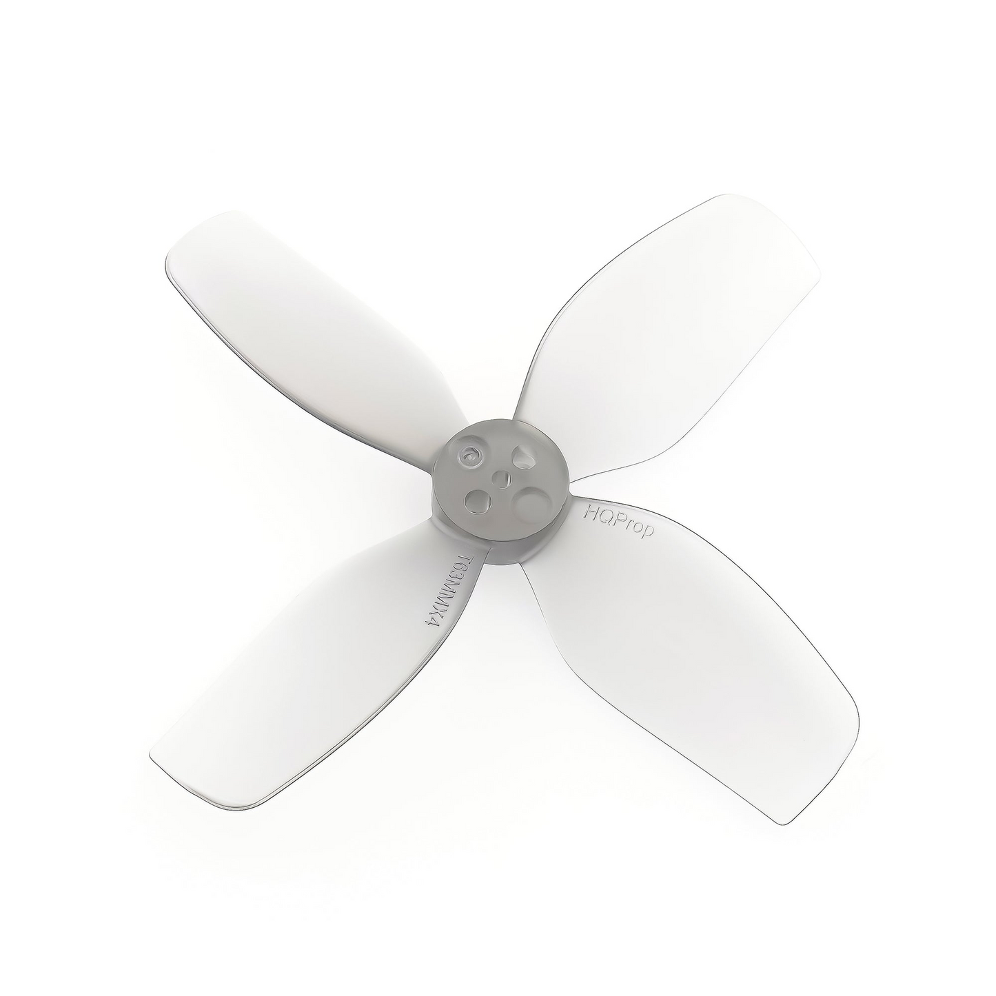 HQProp DT63MMX4 63mm 4-blade polycarbonate propeller in light grey, single prop close-up