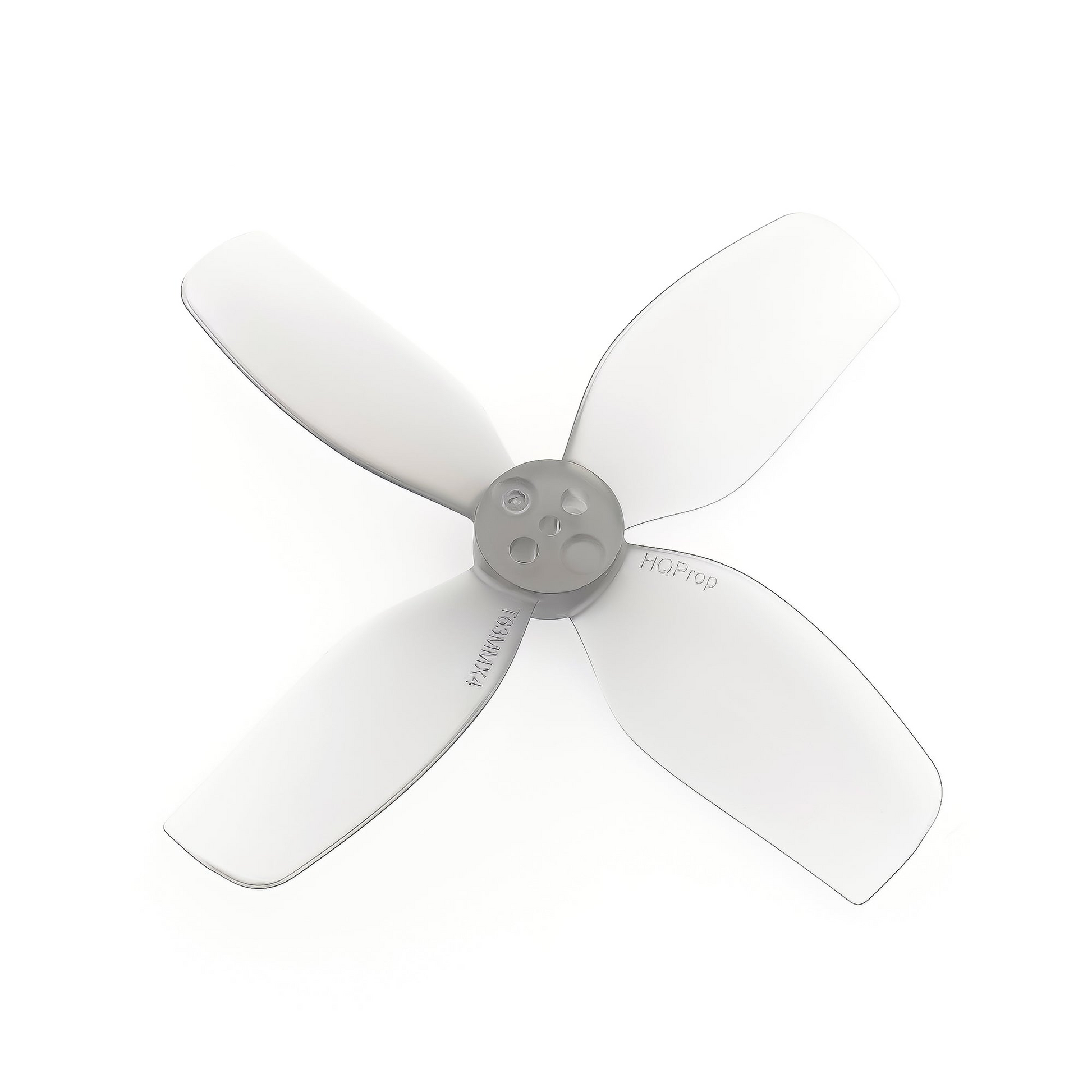 HQProp DT63MMX4 63mm 4-blade polycarbonate propeller in light grey, single prop close-up