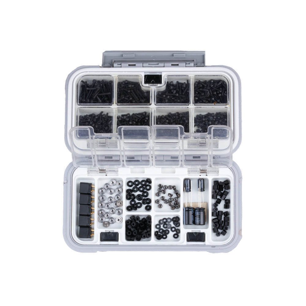 Flywoo M2 Hardware Pack for FPV Building, Flywoo M2 FPV hardware pack organizer case with assorted screws, nuts, standoffs, washers, and spacers