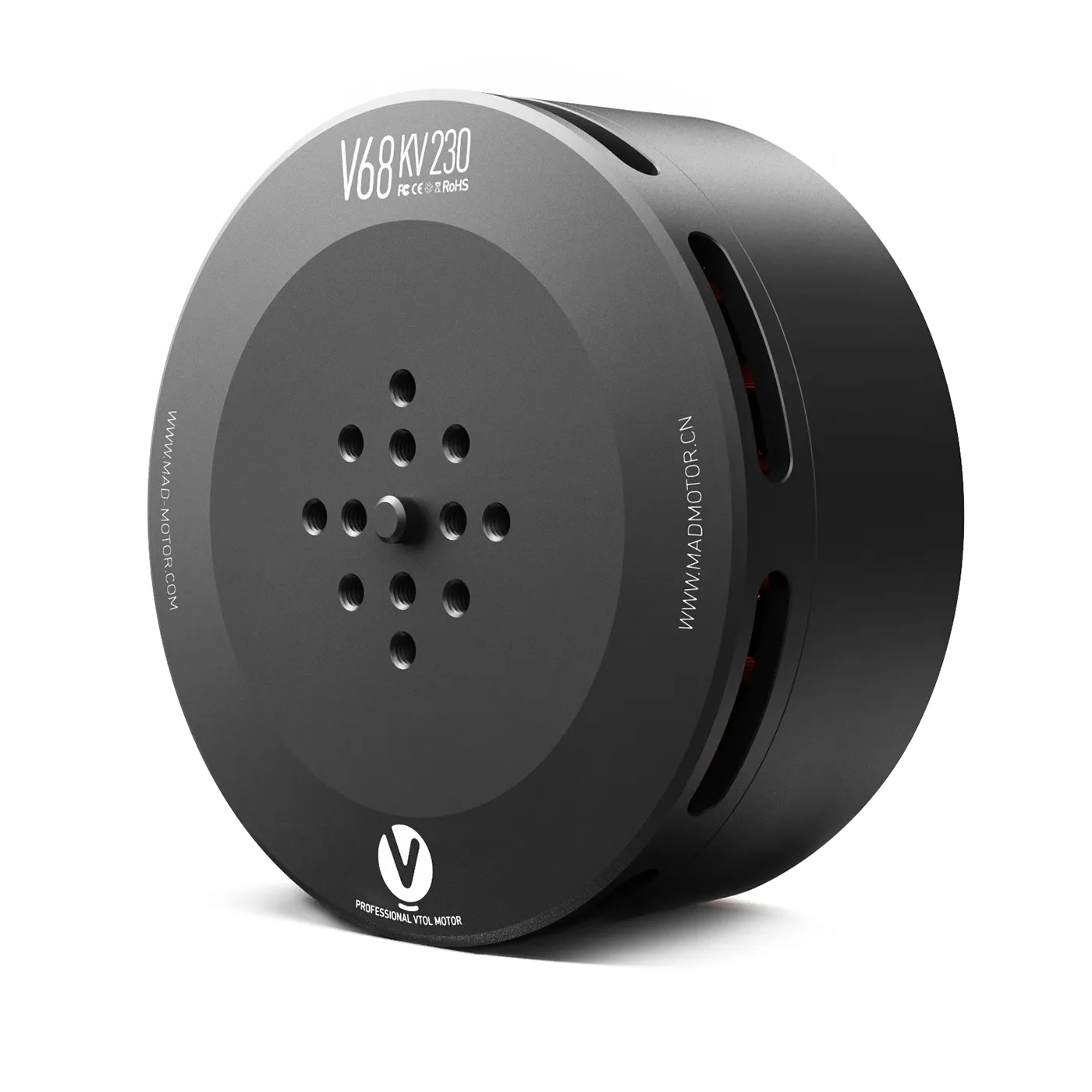 MAD V68 IPE V1.0 230KV eVTOL Drone Motor, MAD V68 KV230 eVTOL drone motor with flat round housing, multiple mounting holes, and side ventilation slots