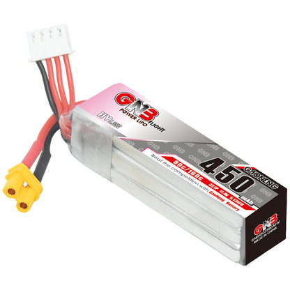 Single GAONENG GNB450 3S 450mAh LiHV 80C long battery, label side with XT30 lead and balance connector