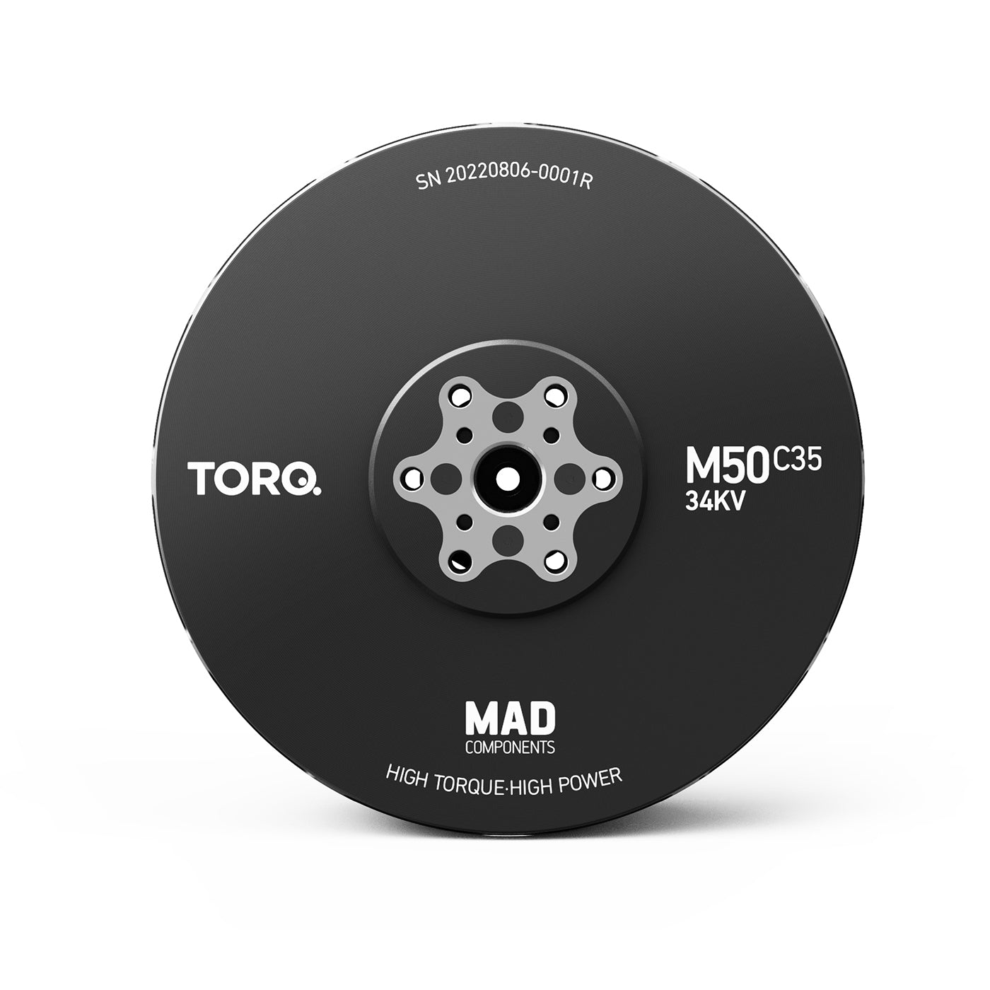 MAD M50C35 PRO IPE Manned Drone Motor, MAD Components TORQ M50C35 34kV drone motor front view with central mounting hub and serial number