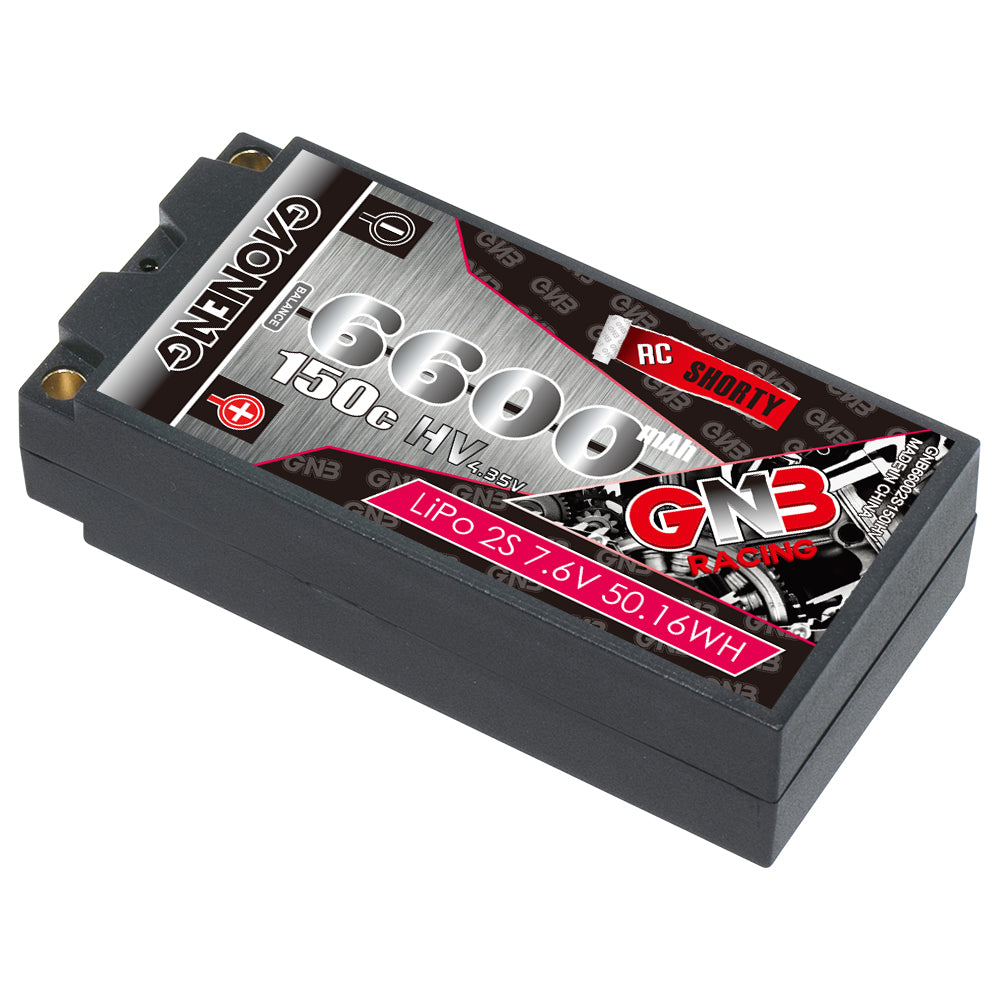 Angled top view of GNB 6600mAh shorty hard case LiHV RC battery showing label and case profile