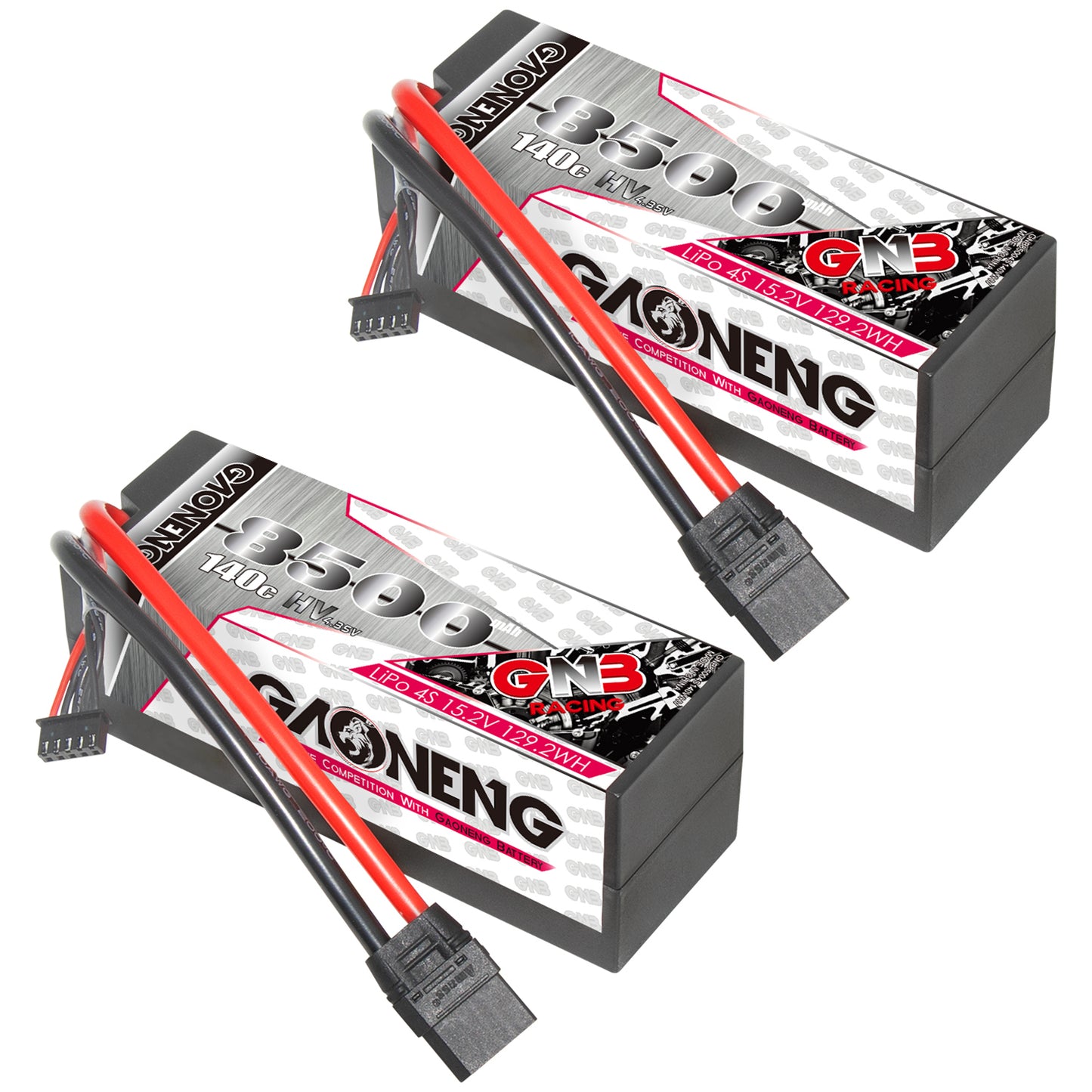 Two GNB 4S 8500mAh 140C LiHV hard case LiPo batteries with XT90 connectors, angled view