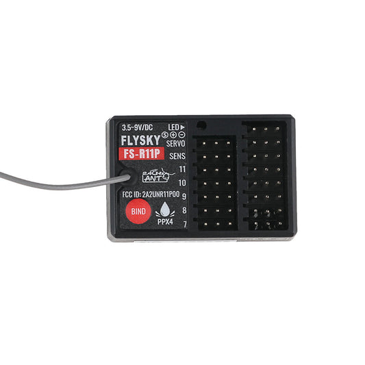 Flysky FS-R11P 2.4GHz 11CH ANT receiver top view with bind button and channel pin headers
