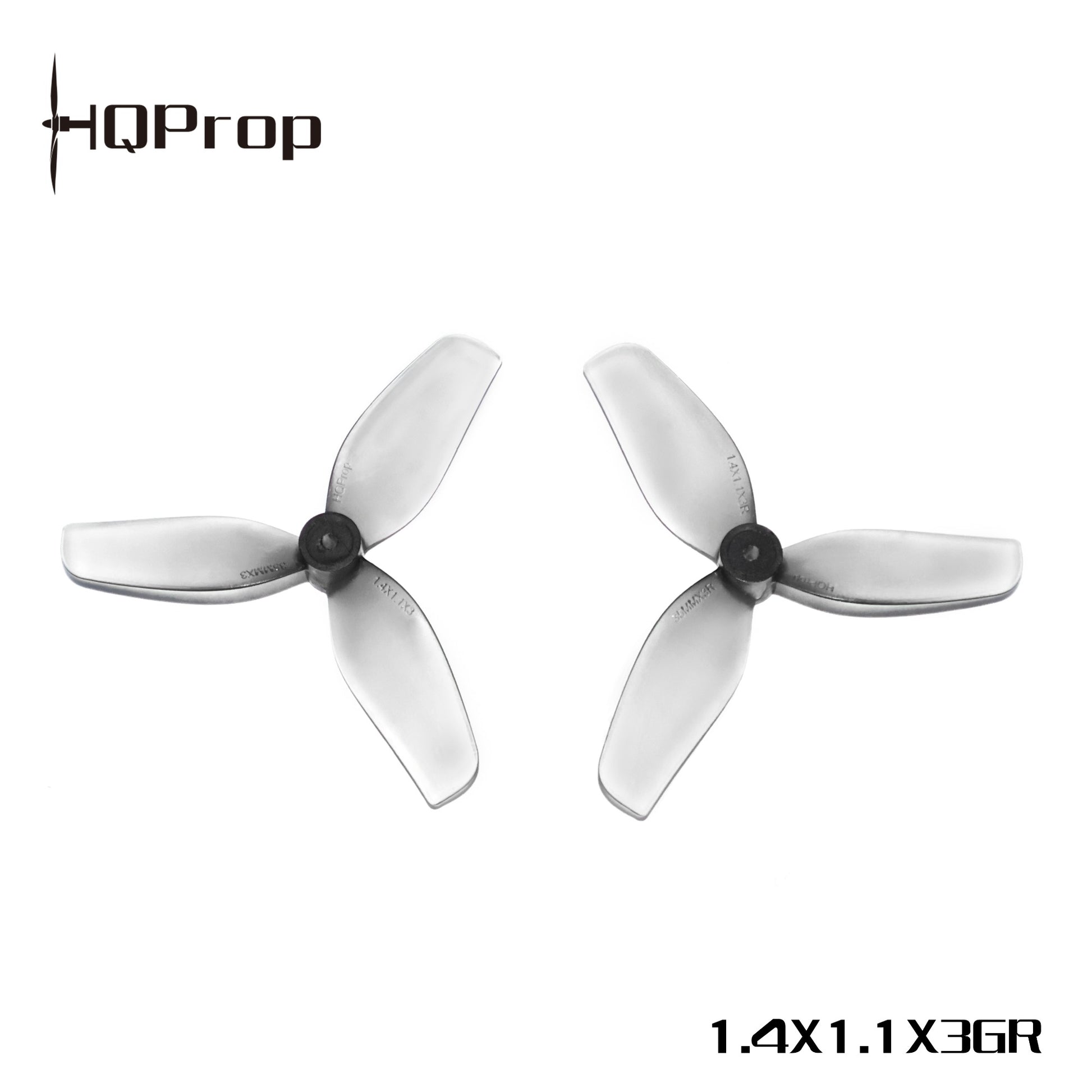 HQ Ultralight Whoop Propeller 1.4x1.1x3 tri-blade props, gray pair with HQProp logo