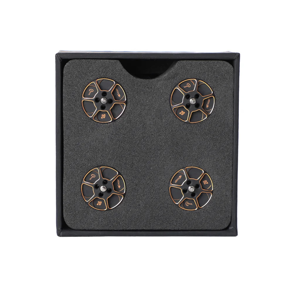 Set of four black and gold T-Motor round aluminum hubs in foam packaging, each marked “20”.