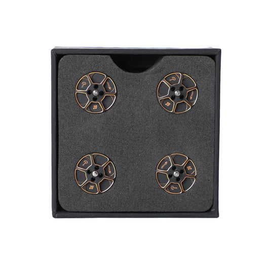 Set of four black and gold T-Motor round aluminum hubs in foam packaging, each marked “20”.