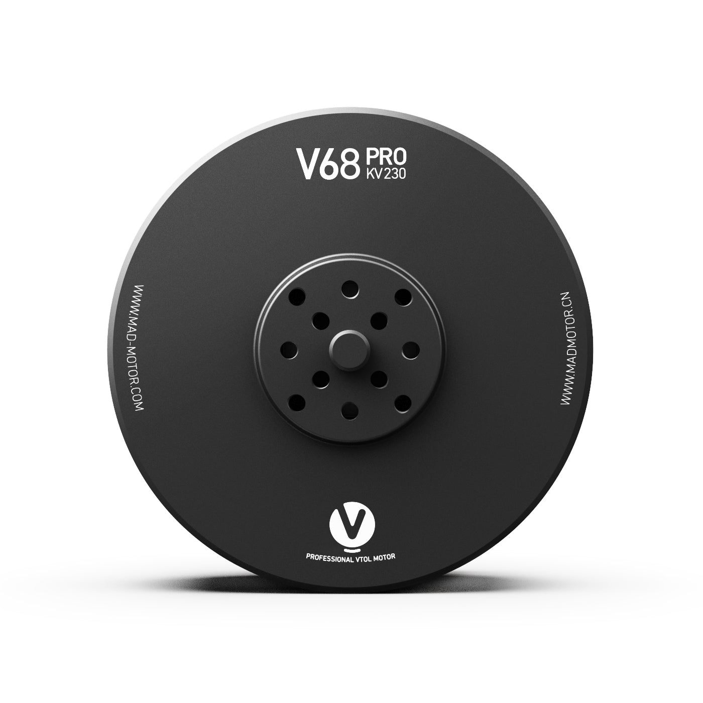 MAD V68 Pro IPE V1.0 230KV eVTOL Drone Motor, Top view of MAD V68 Pro 230KV eVTOL drone motor with black round housing and central mounting holes