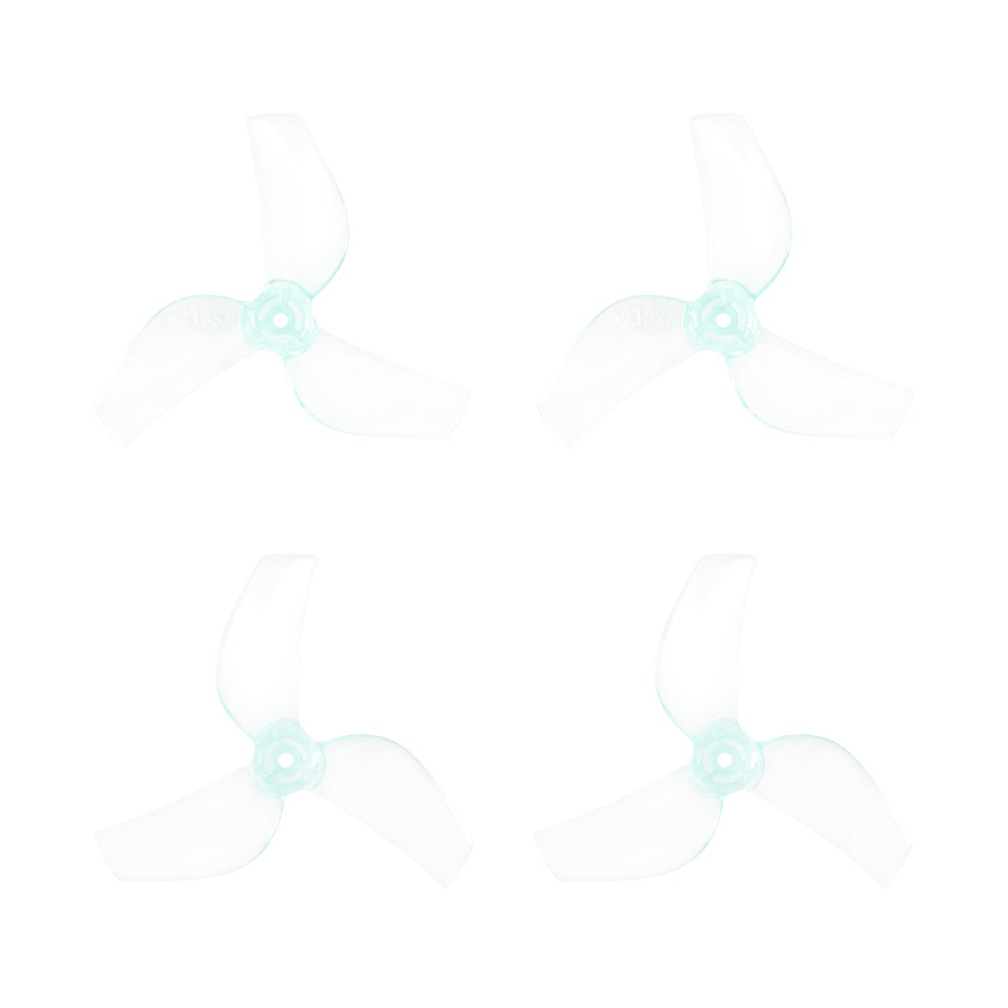 Clear three-blade micro drone propellers with light blue hub, four-piece set on white background